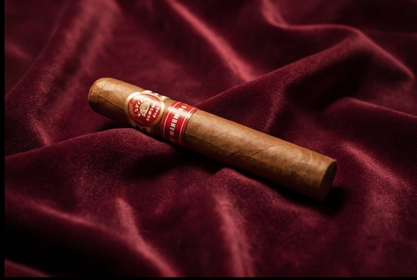 Cigar with a band on a red velvet background