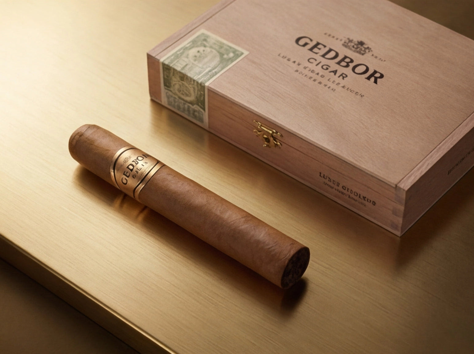 Cigar and its box with 'Gedbor' branding on a wooden surface