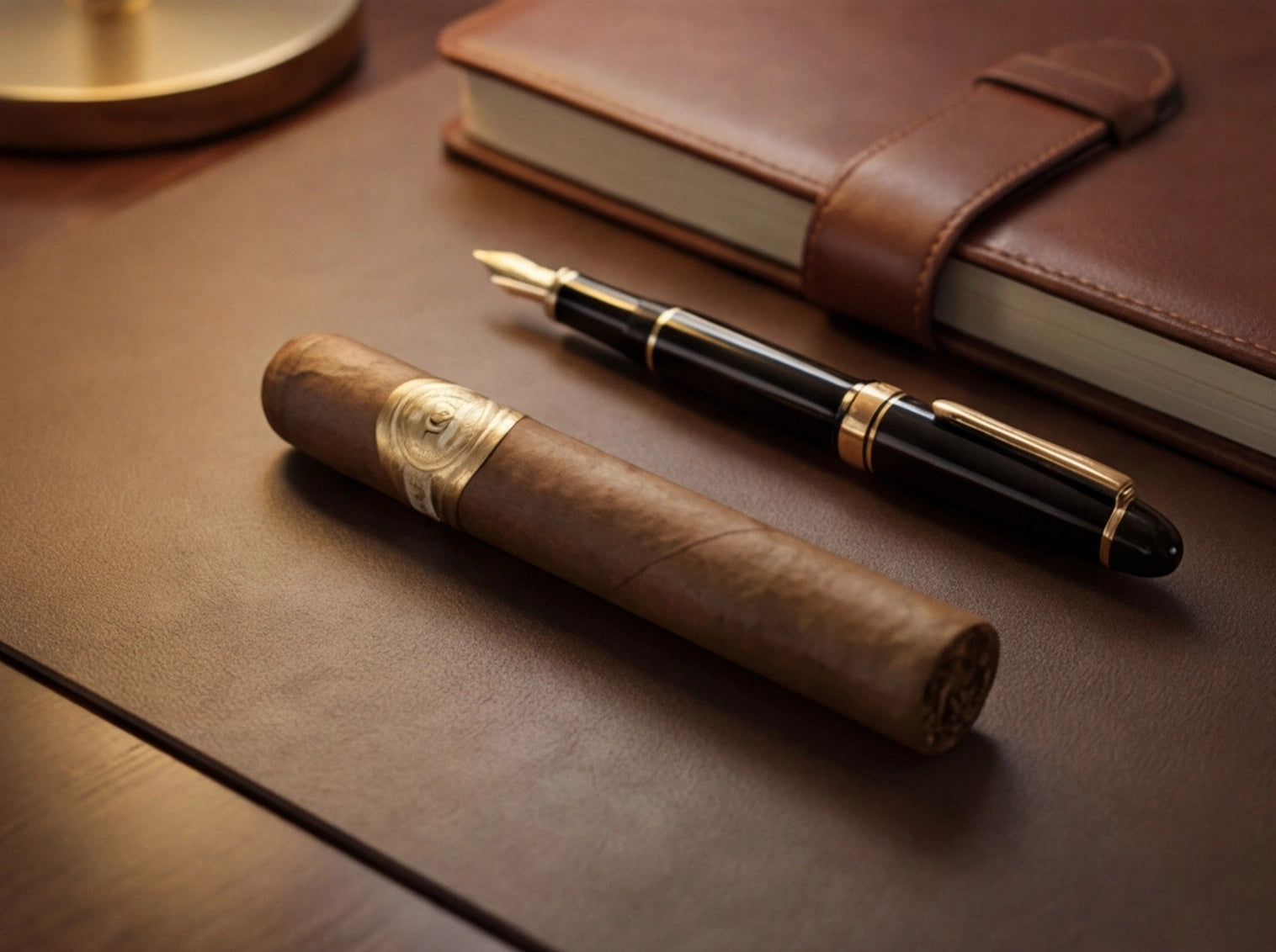 Cigar and fountain pen on a wooden surface with a leather-bound book in the background